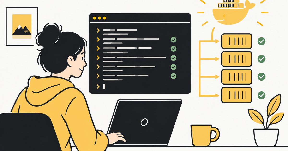 A developer at a laptop watching four containers start up with green checks